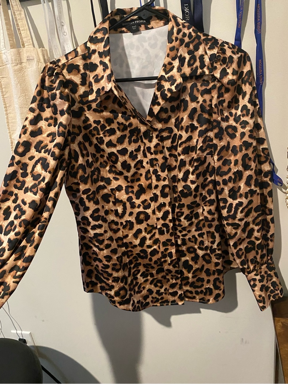 Boston Proper Satin Leopard Print Button-Up Blouse